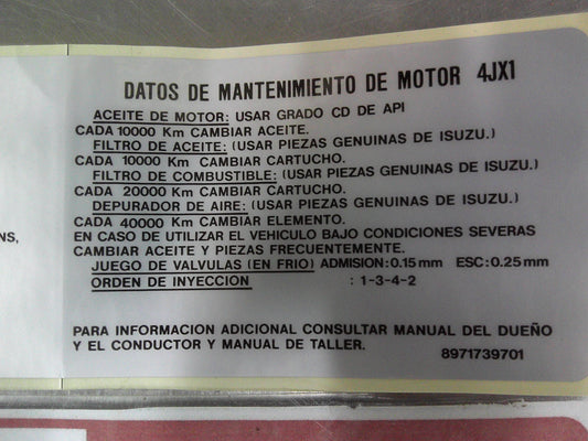 Holden Jackaroo Genuine Engine Maintenance Label New Part