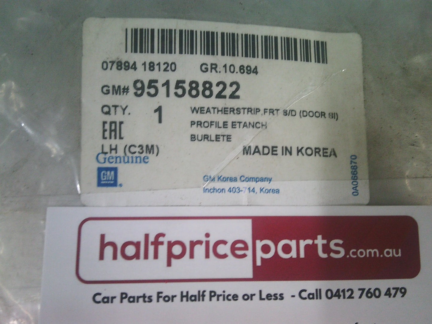 Holden Barina Spark Genuine Left Hand Front Door Weatherstrip (Passenger) New Part