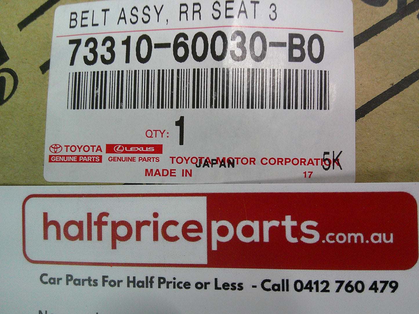 Toyota 120 Sereies Pardo Genuine Right Hand Rear Seat Belt 3rd Row New Part