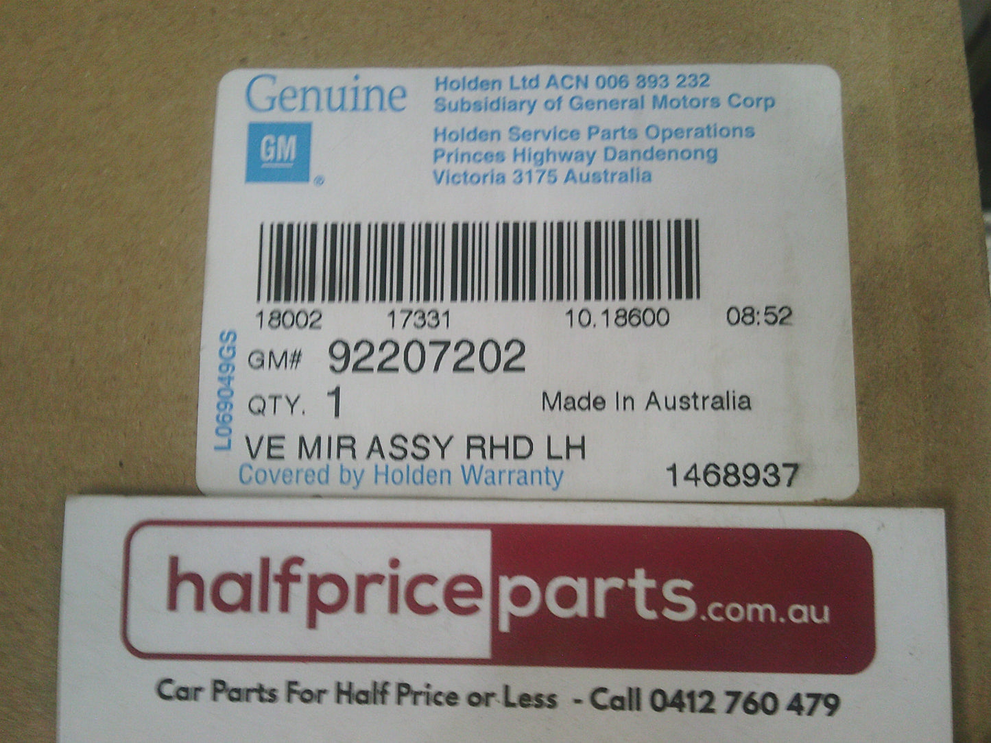 Holden VE Commodore Genuine Passenger Outer Mirror Assembly With Scalp New Part