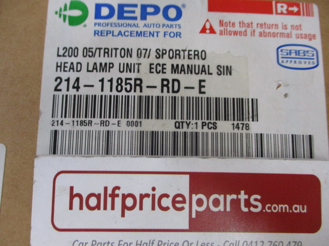 Depo Right Hand Headlight Assembly Suits Mitsubishi ML Triton Single Cab New Part