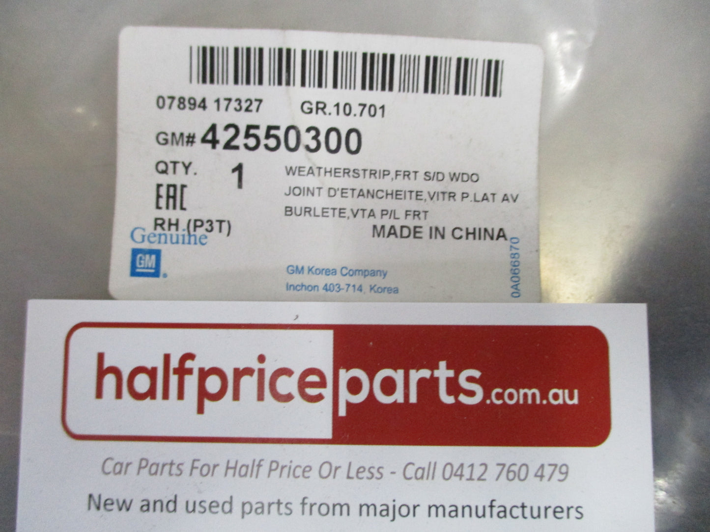 Holden Barina Genuine Right Hand Front Window Channel Rubber New Part