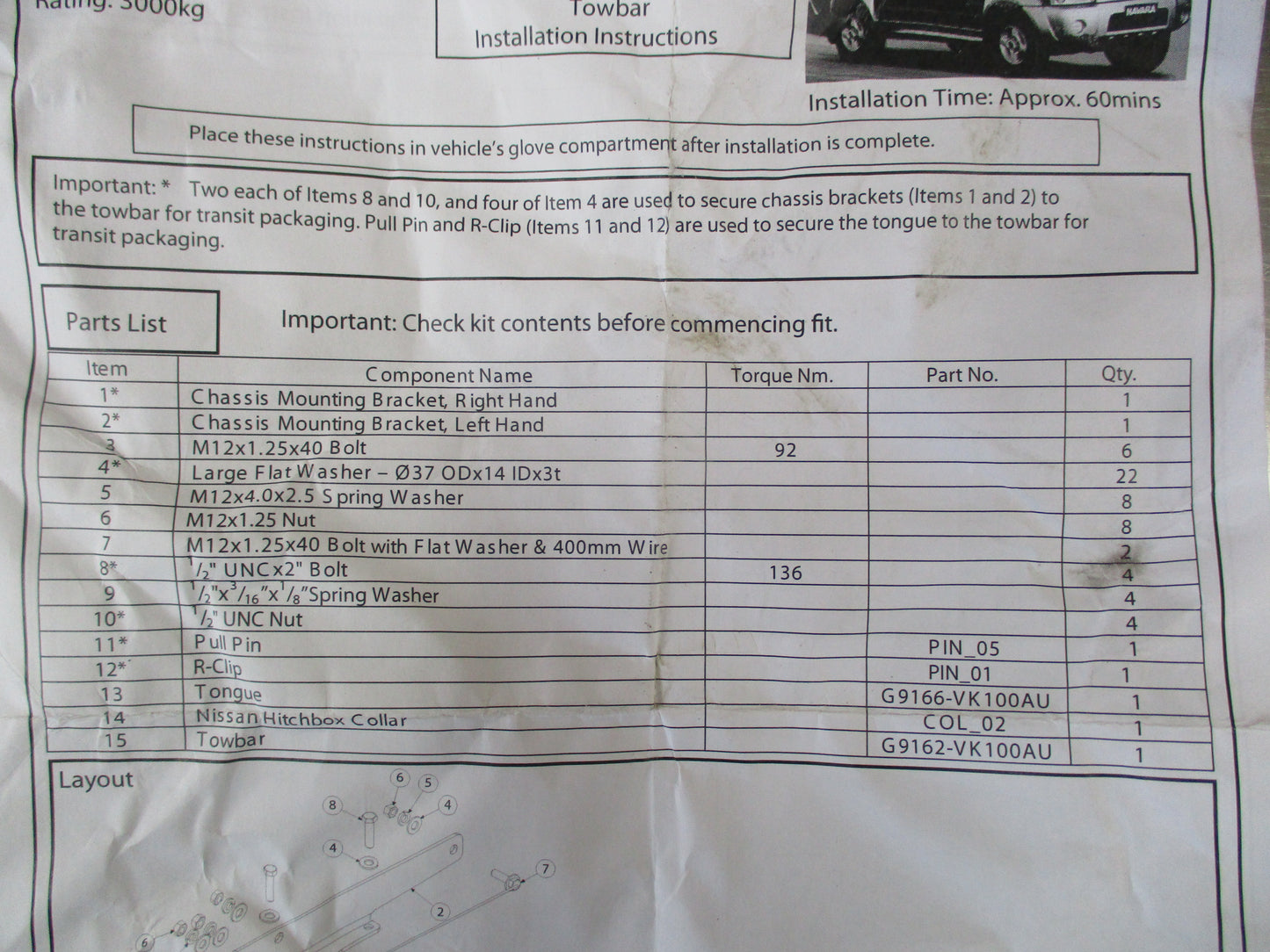 Nissan D22 Navara Tow Bar Partial Fitting Kit New