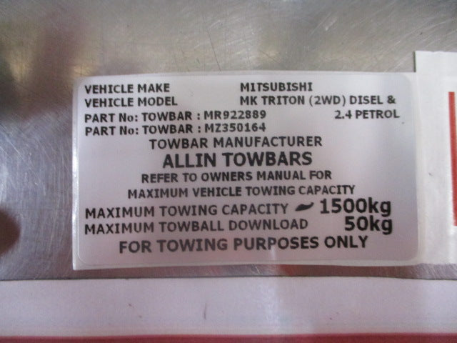 Mitsubishi MK Triton 2WD Genuine Tow Bar Tongue With Plate New Part