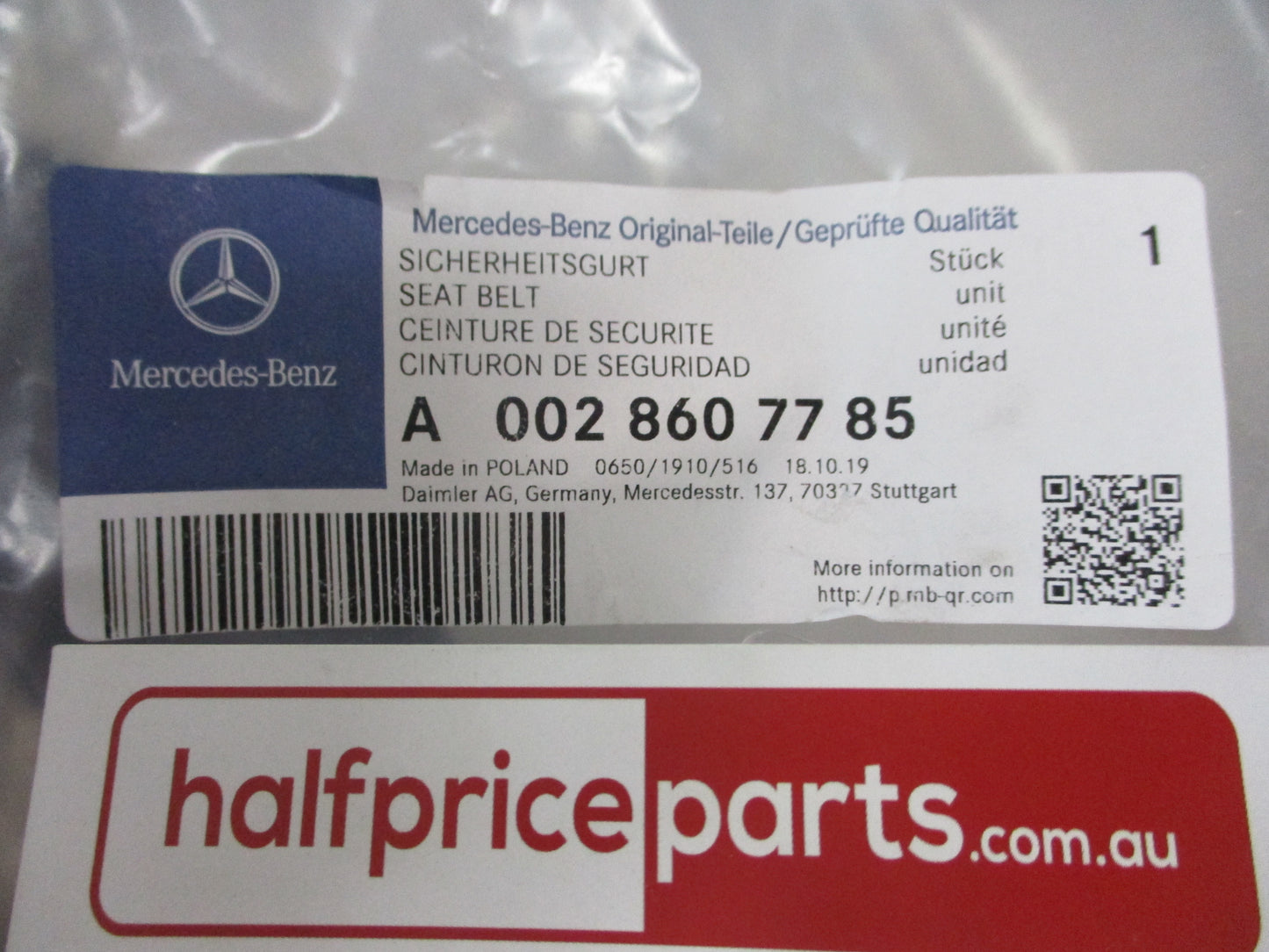 Mercedes Benz W901 Sprinter Genuine Driver Front Seat Belt New Part