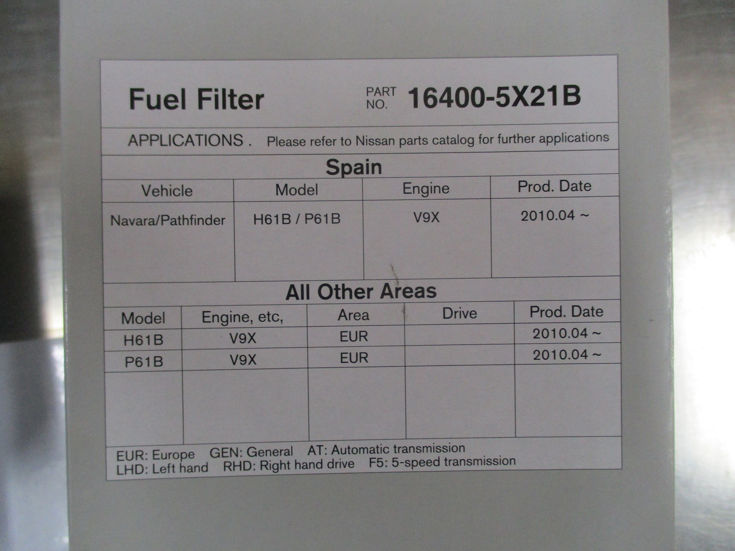 Nissan Navara D40 / Pathfinder Genuine Spanish Built V9X Diesel Filter New Part