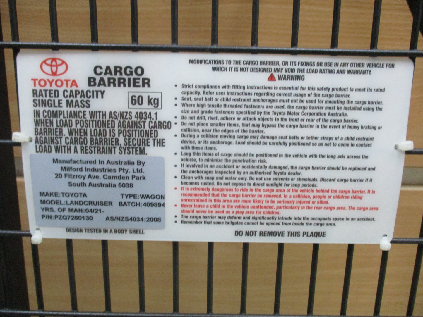 Toyota Land Cruiser 300 Series Genuine Rear Cargo Barrier New Part
