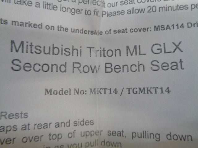 MSA Canvas 2nd Row Seat Cover Suits Mitsubishi ML/MN Triton GLX New Part