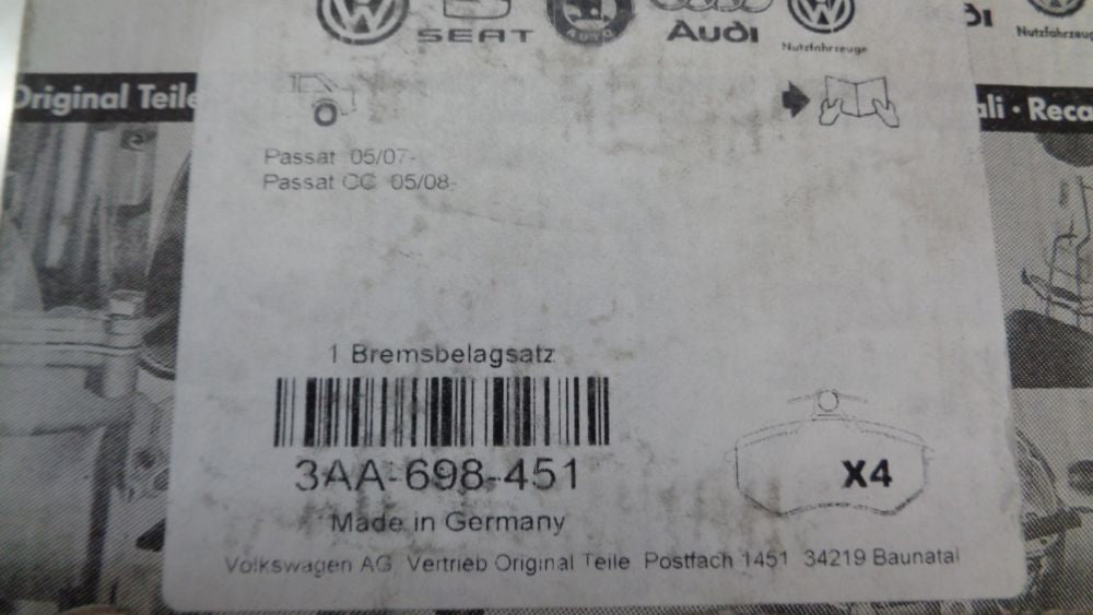 VW Passat CC Genuine Rear Brake Pad Set - New Part