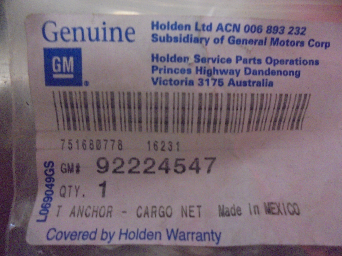 Holden VF SS Commodore-Caprice Genuine Anchor Cargo Net Fitting New Part