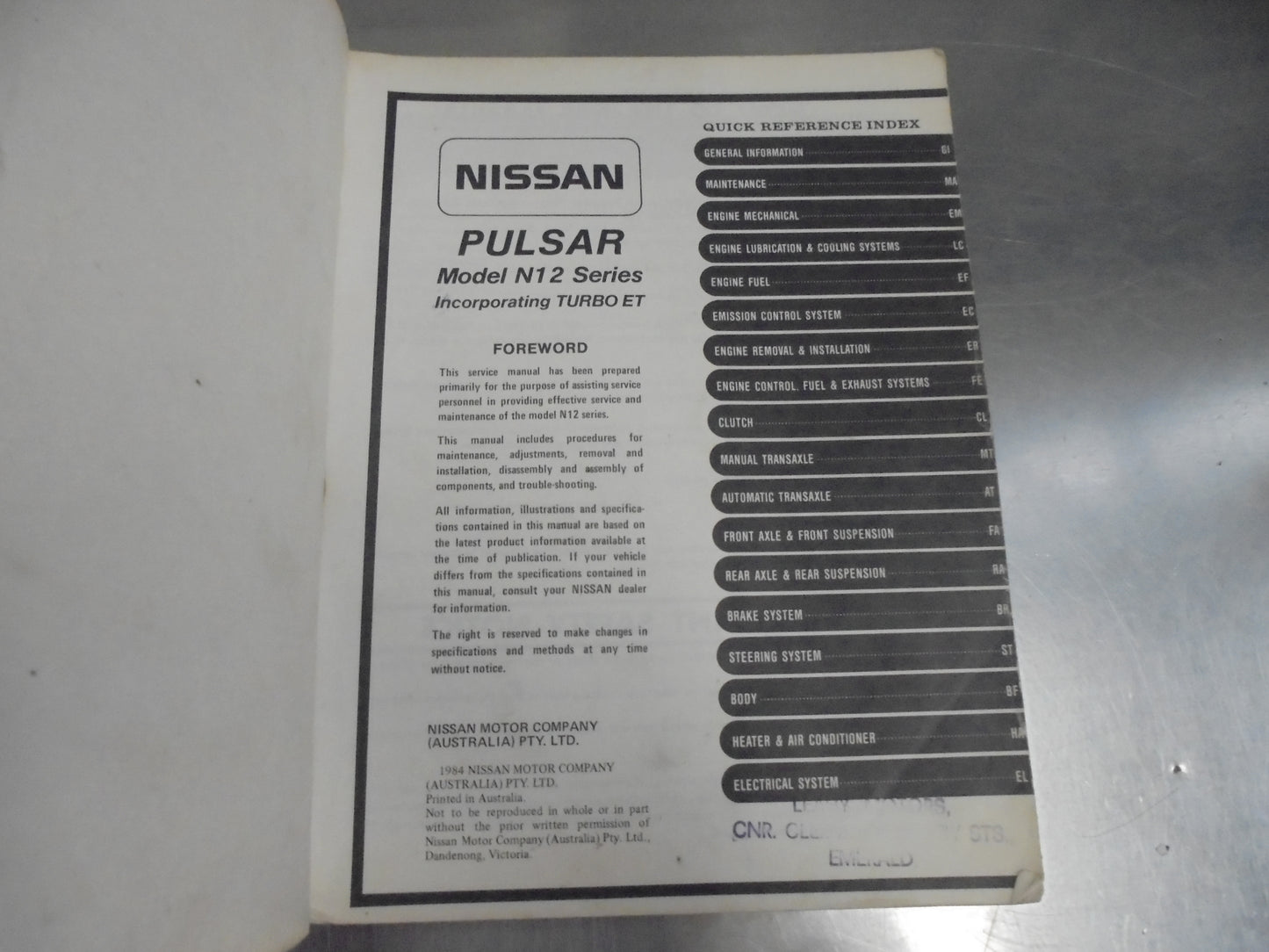 Nissan Pulsar N12 Series Service Manual Used Book