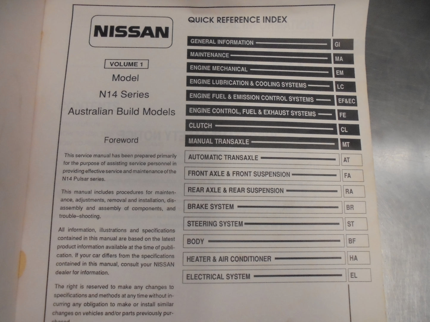 Nissan Pulsar N14 Series Volume 1 Genuine Service Manual Used Book
