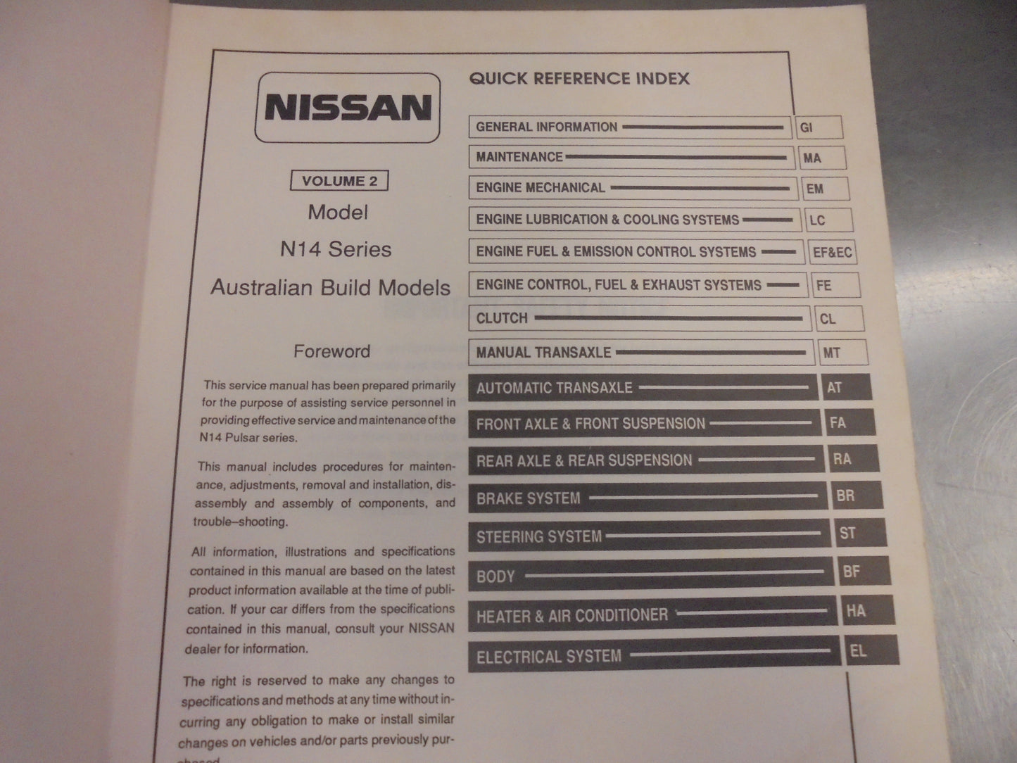 Nissan Pulsar N14 Series Volume 2 Genuine Service Manual Used Book