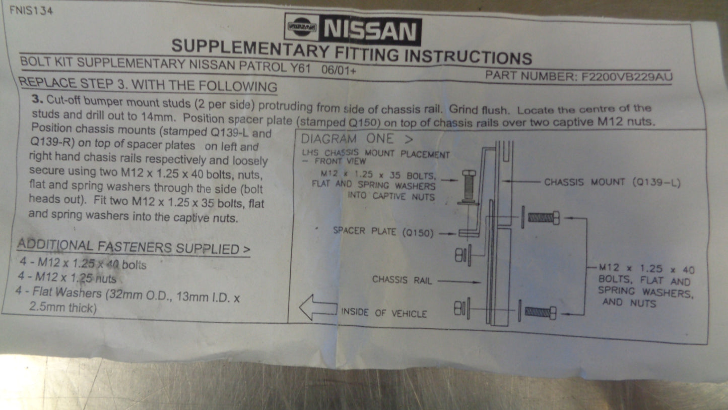 Nissan Y61 GU Patrol Genuine Supplementary Bolt Kit New Part