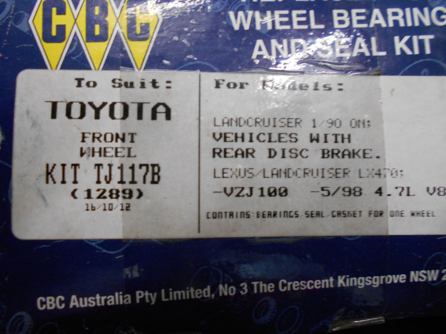 CBC Front Wheel Bearing Kit Suits Toyota 100Series Landcruiser New Part