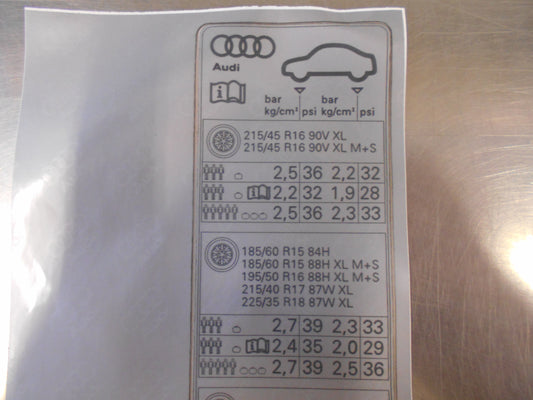 Audi A1 Genuine Tyre Pressure Data Plate New Part
