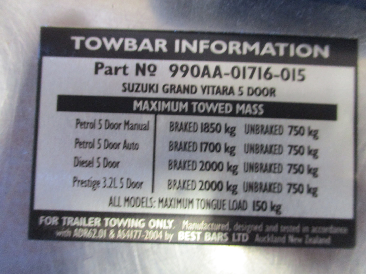Suzuki Grand Vitara 5 Door Genuine Tow Bar Complete With Fitting Kit And Wiring oom New Part