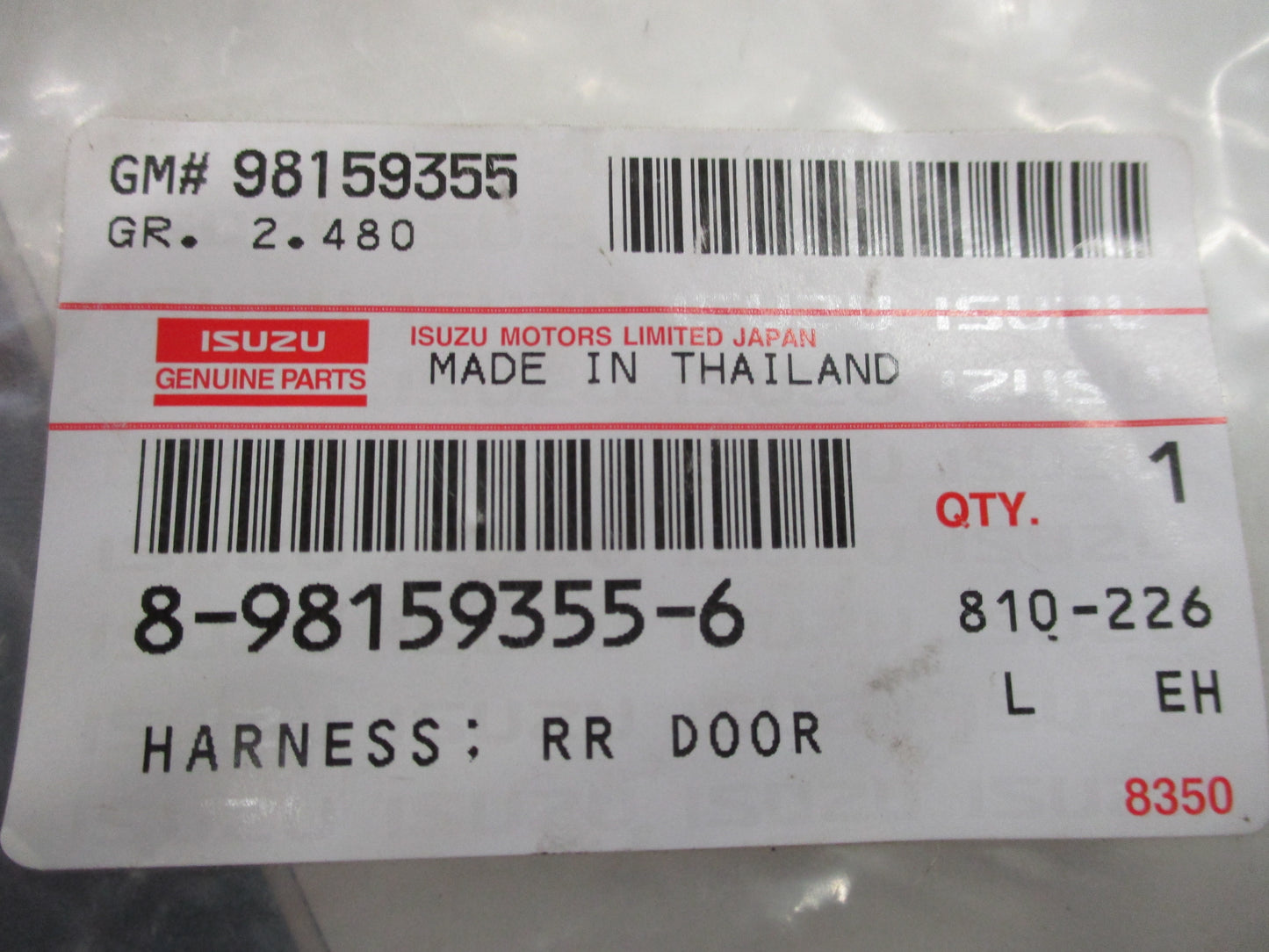 Isuzu D-max Genuine Right Hand Rear Air Bag Wiring Harness New Part