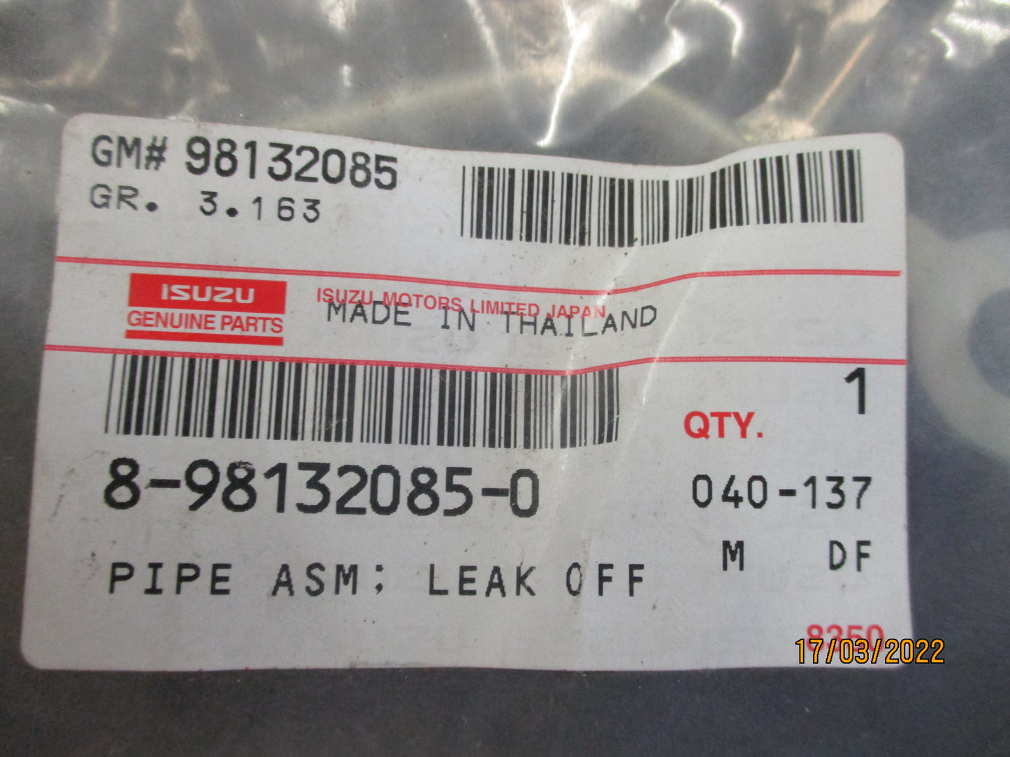Isuzu D-max Genuine Injector Rail Drain Pipe New Part
