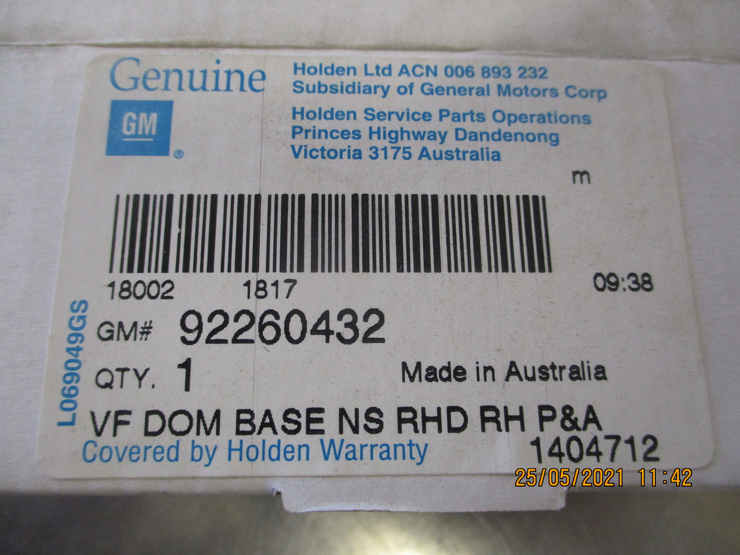 Holden VF Commodore Genuine Right Rear View Mirror New Part