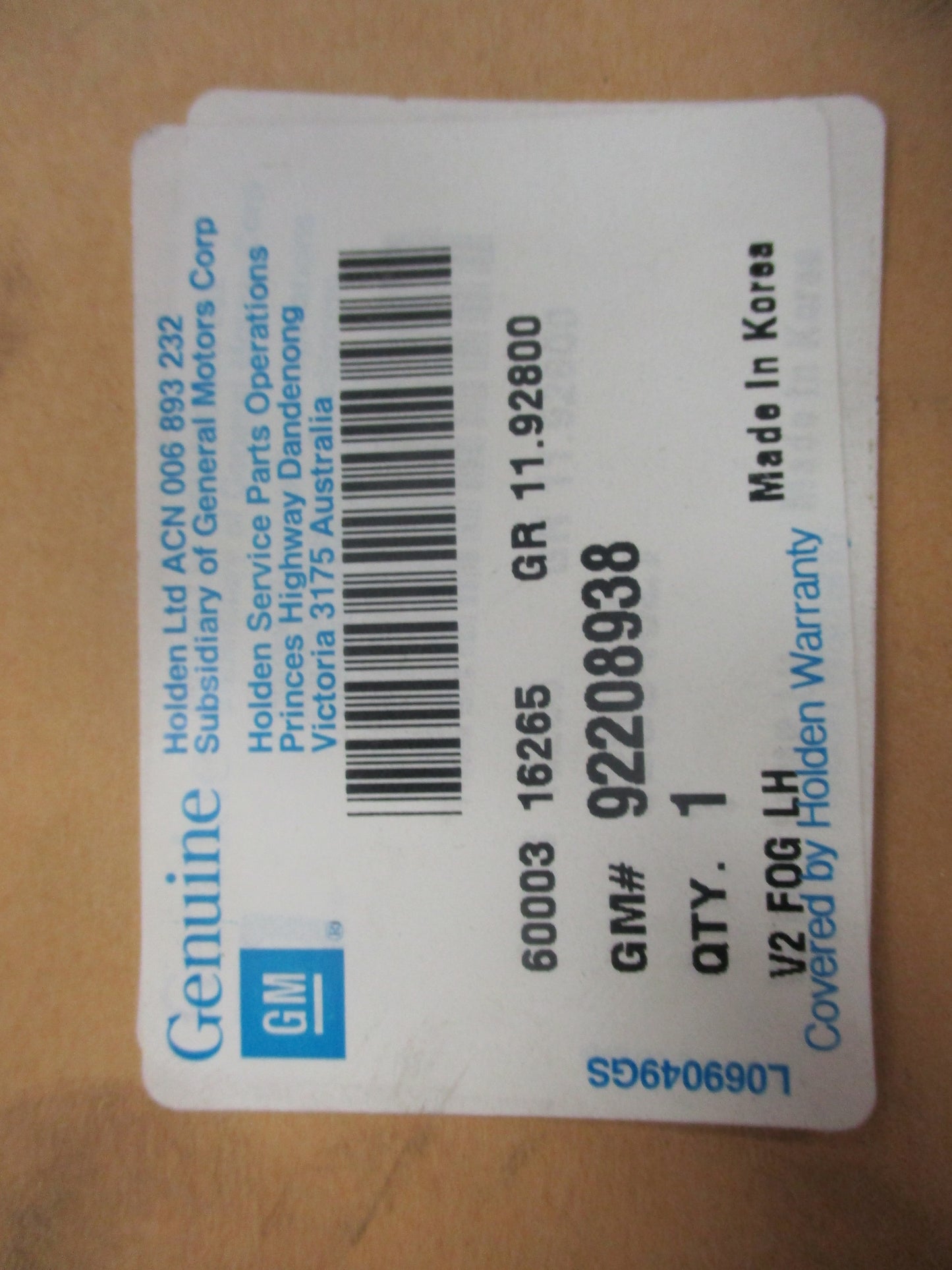 Holden VZ Monaro/Calais/Berlina/SVZ Genuine Left Hand Fog Light New Part
