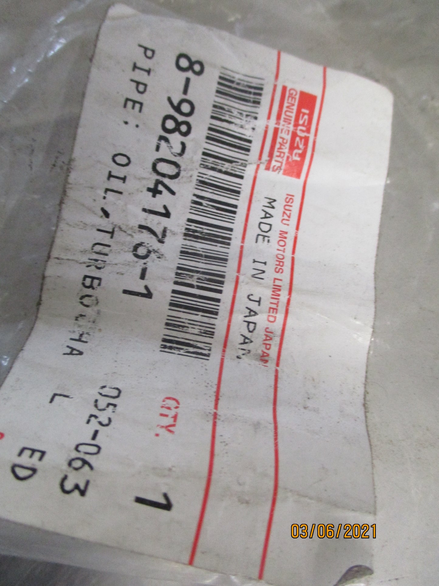Isuzu FSR90 Genuine Turbocharger Oil Feed Pipe New Part