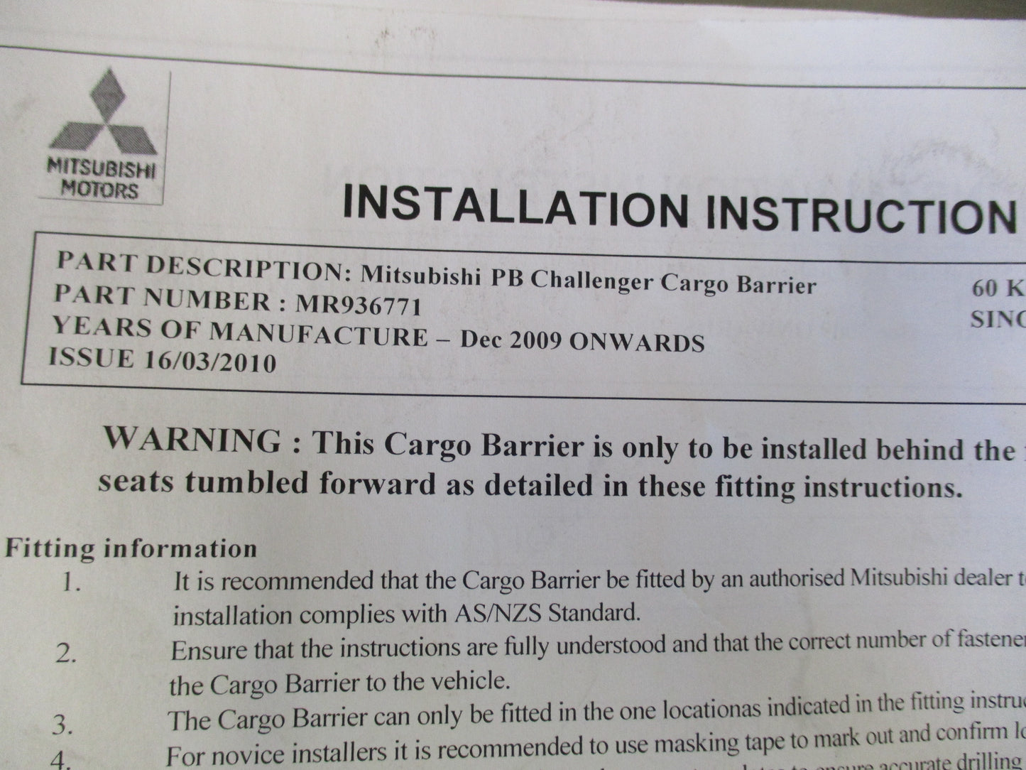 Mitsubishi Challenger Genuine Cargo Barrier New Part