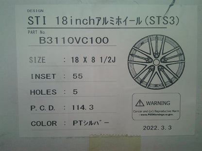 Subaru STI Genuine Set Of 4 18x8.5 PDC114.3 5 Hole With Center Cap and Valve Stem New Part