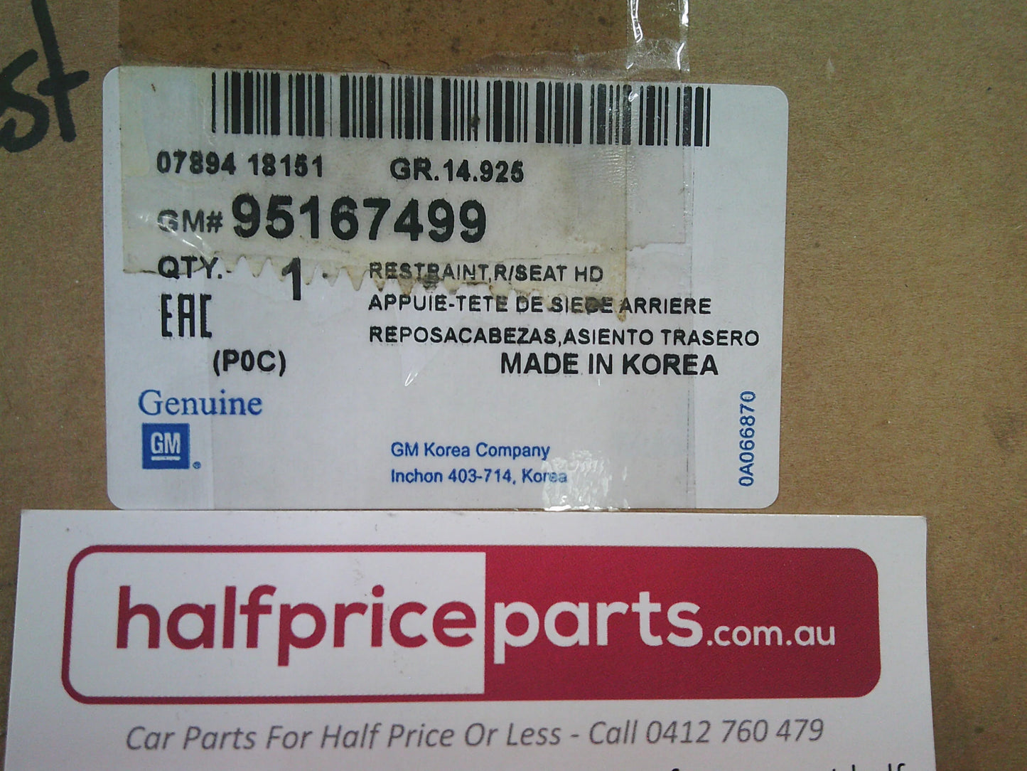 Holden CG Captiva Genuine Rear Seat Leather Headrest (Black) New Part