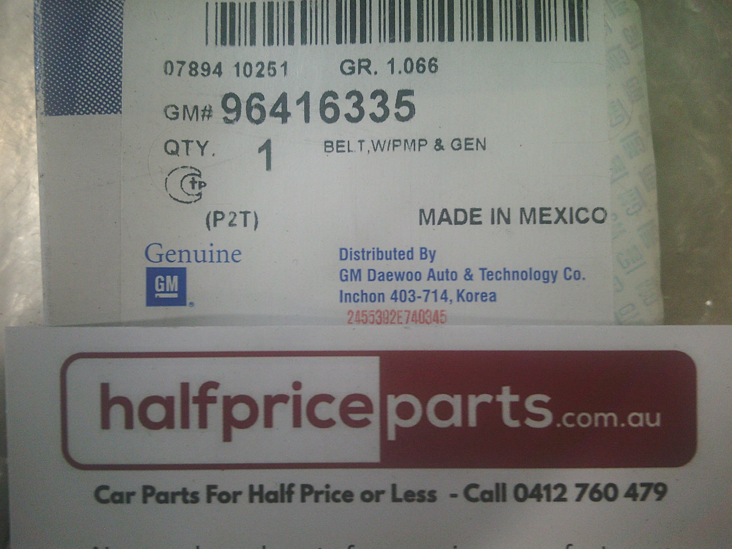 Holden Barina Spark MJ Genuine Water Pump & Alternator V Belt New Part