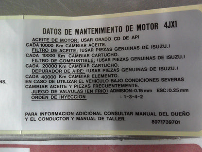 Holden Jackaroo Genuine Engine Maintenance Label New Part