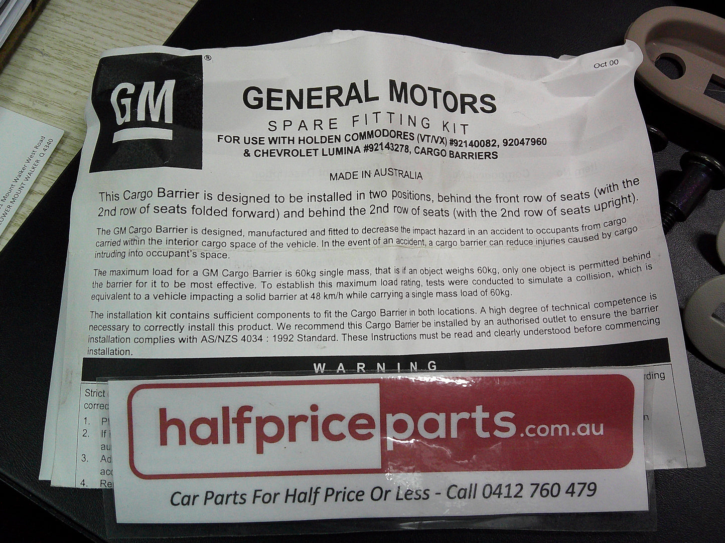 Holden VT/VX Commodore Cargo Barrier Fitting Kit New Part