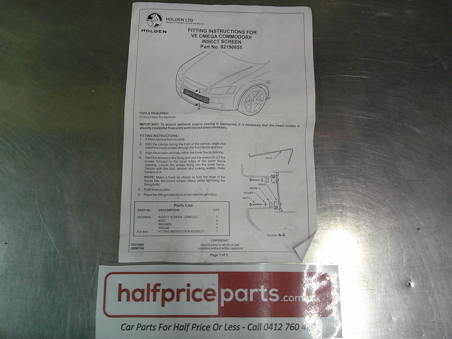 Holden VE Omega/Berlina S1 Genuine Front Lower Centre Bumper Mesh New Part