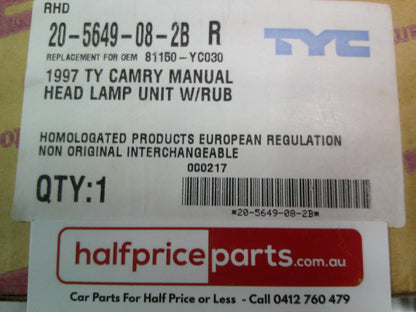 TYC Right Hand Front Head Light Suits Toyota Camry SXV20/MCV20 New Part
