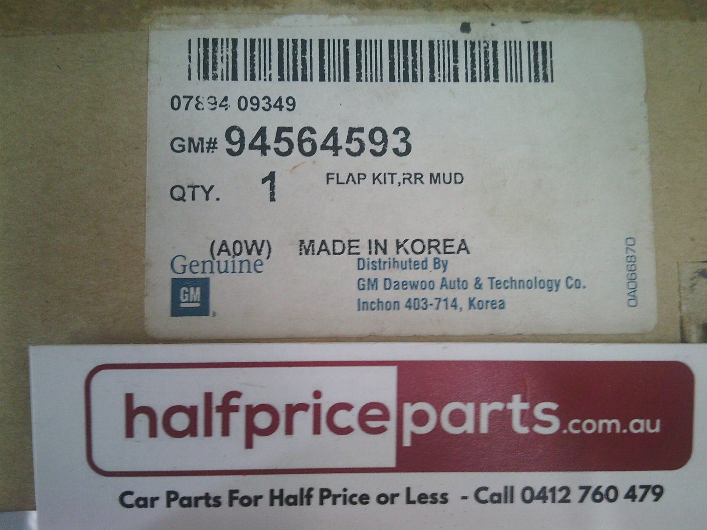 Holden MJ Spark Genuine Rear Set Mud Flap With Fitting Kit New Part