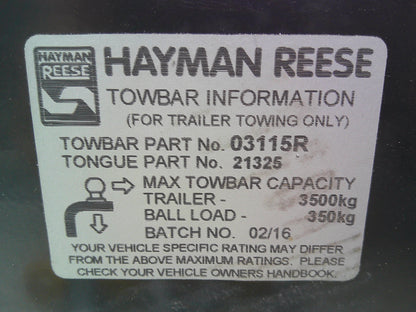 Hayman Reese Heavy Duty Tow Bar Kit (No Tow Ball Missing Some Bolts And Tongue Pin) Suits Toyota Hilux Gun Series Tub Variant Only New Part