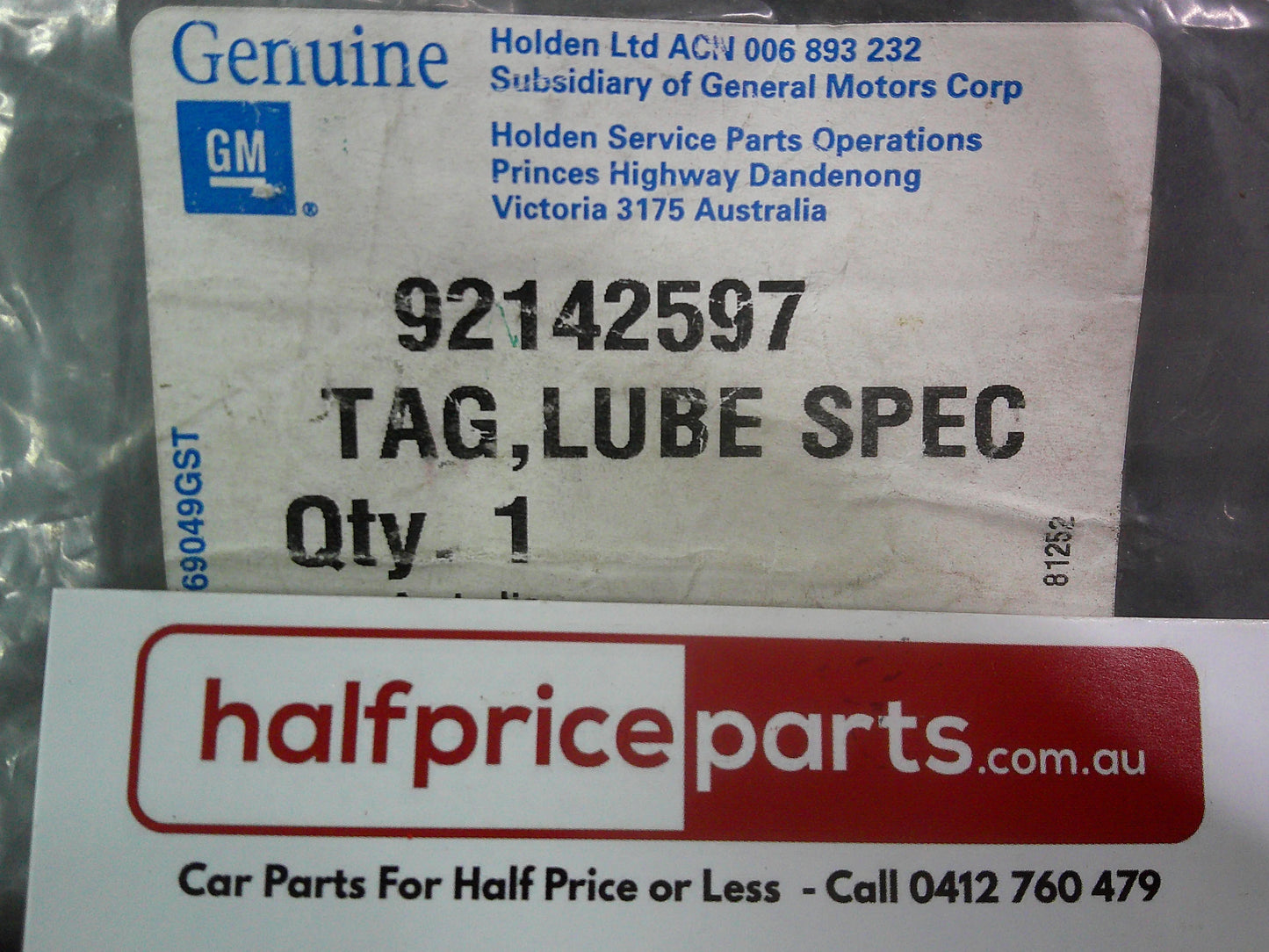 Holden VT/VX Commodore Genuine Lube Specific Tag New Part