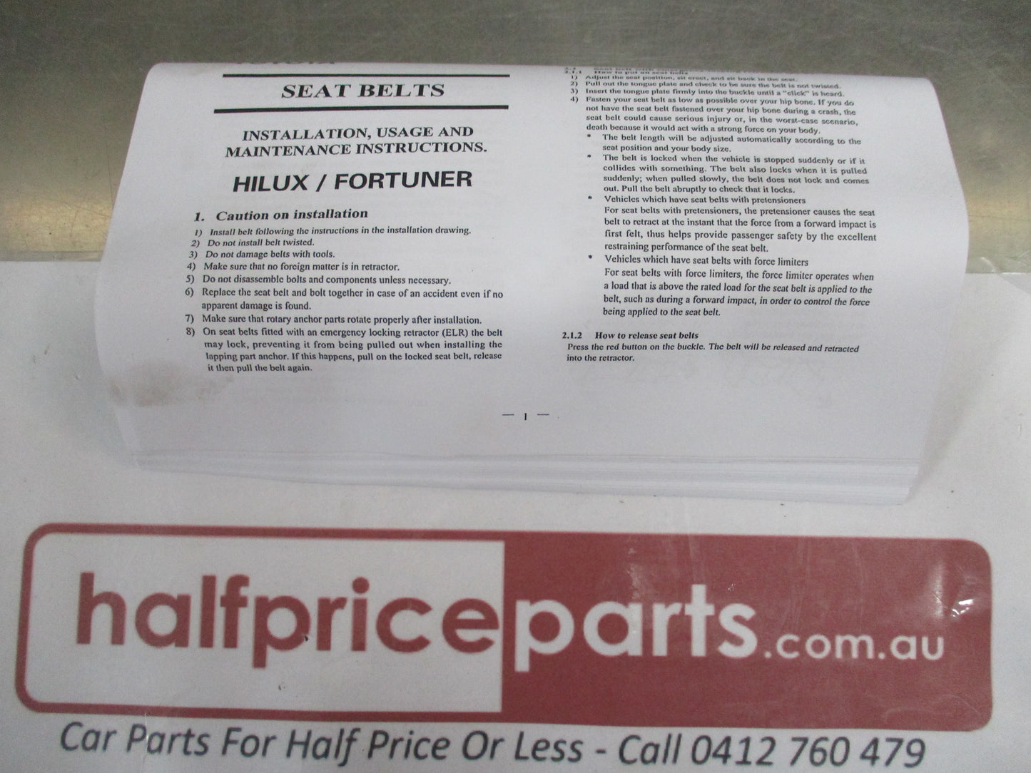 Toyota Hilux/Fortuner Genuine Rear 3 Point Middle Seat Belt New Part