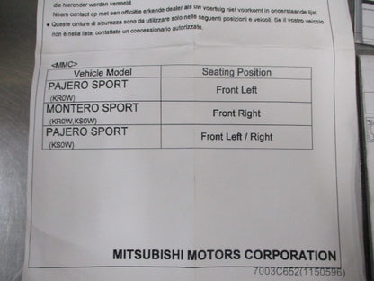 Mitsubishi Pajero Sport Genuine Front Seat Belt Assembly New Part