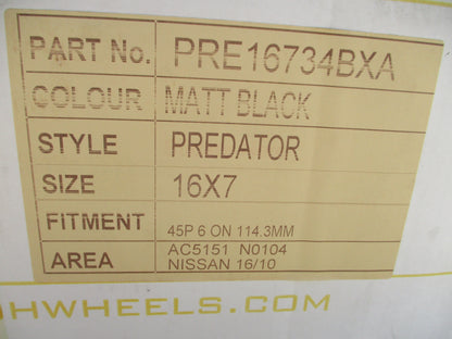 ROH Predator 16x7 Mat Black Alloy Wheel With No Center Caps And No Wheel Nuts New Part