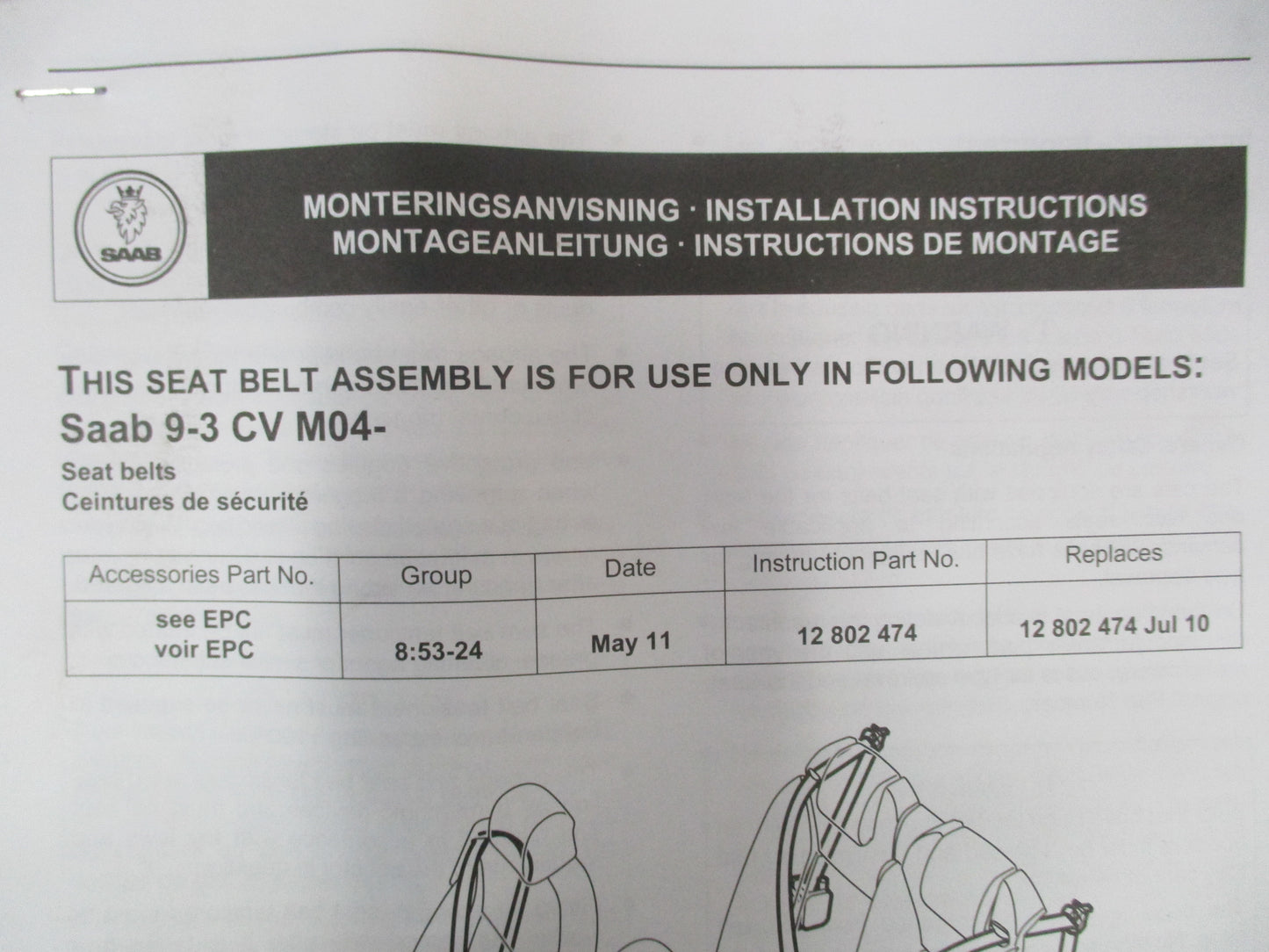 Saab 9-3 Genuine Front Seat Belt Assy New