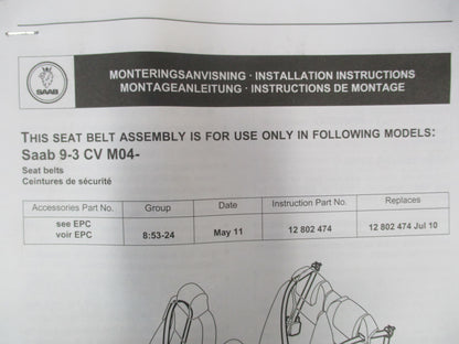 Saab 9-3 Genuine Front Seat Belt Assy New