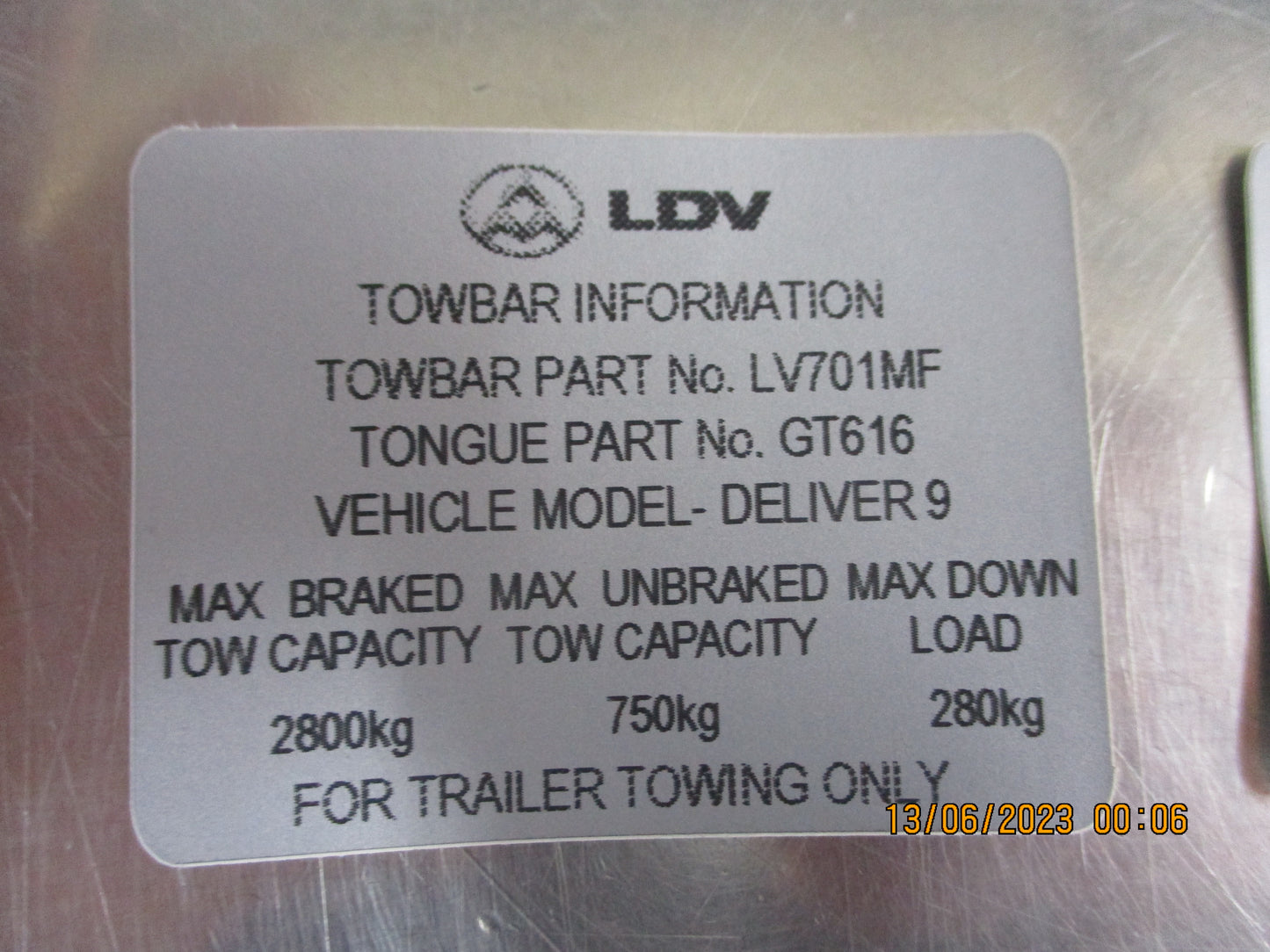 LDV Deliver 9 Van Mid Wheel Base Genuine Retrofit Tow Bar Support Bracket Kit New Part