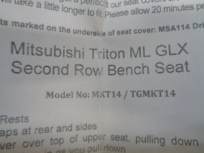 MSA Canvas 2nd Row Seat Cover Suits Mitsubishi ML/MN Triton GLX New Part