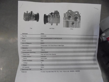 OEX Air Conditioning Compressor 12V Suits Hyundai Getz 1.3Ltr-1.4Ltr-1.5Ltr New Part