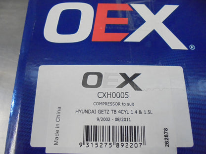 OEX Air Conditioning Compressor 12V Suits Hyundai Getz 1.3Ltr-1.4Ltr-1.5Ltr New Part