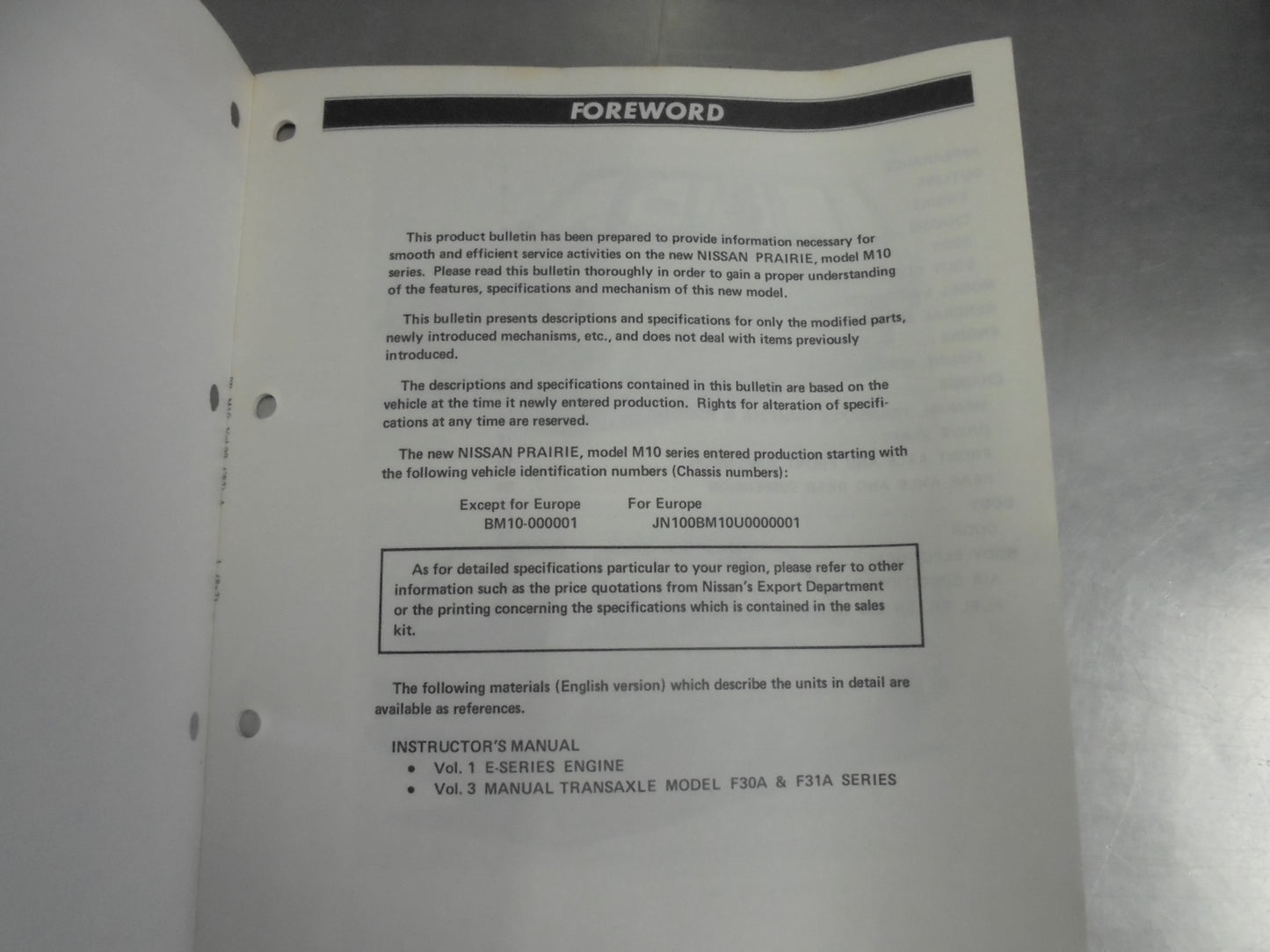 Nissan Prairie M10 Series Genuine New Model Induction Bulletin Used Book