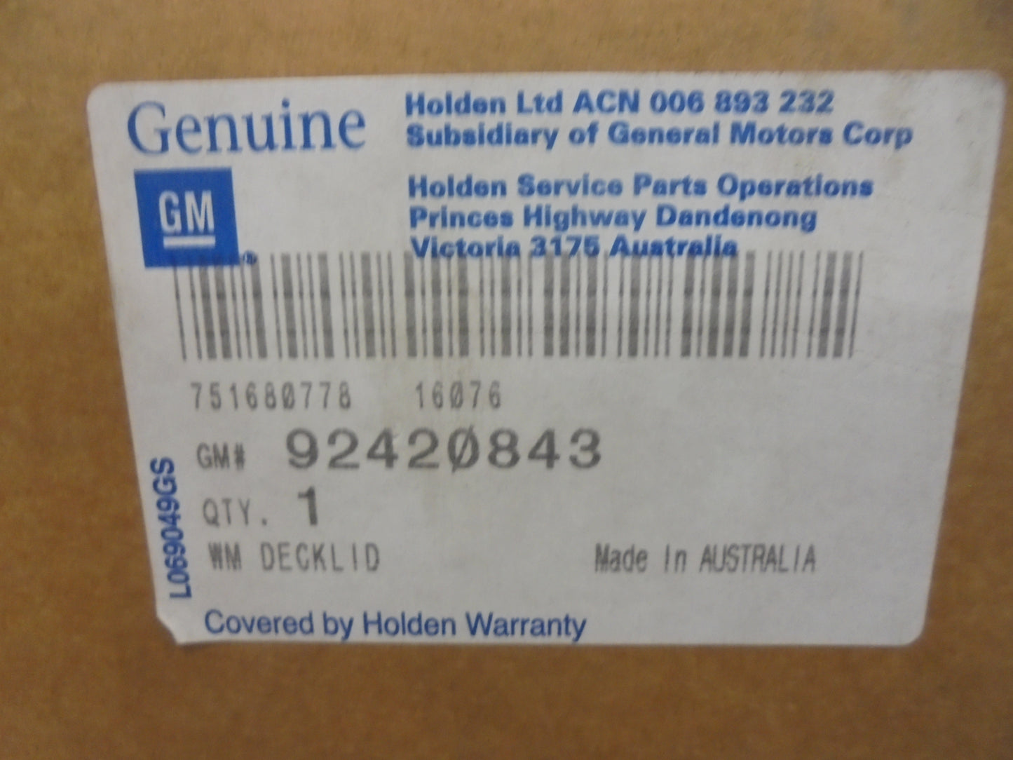 Holden WM/WN Statesman Genuine Boot Lid Carpet New Part