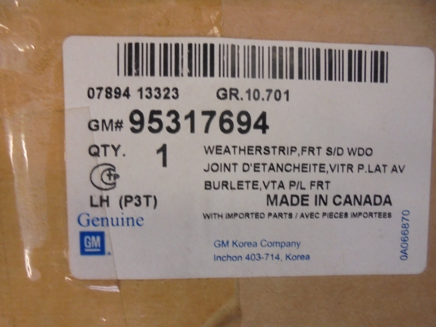Holden Trax Genuine Left Hand Front Weather strip New Part