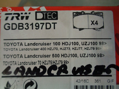 TRW Front Brake Pads Suits Toyota 100/70 Series Landcruiser New Part